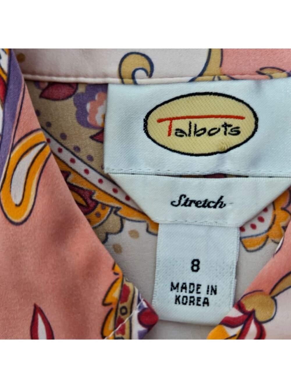 Woman's vintage Talbots silk boho pink paisley print v neck button down blouse 8 - Picture 6 of 10